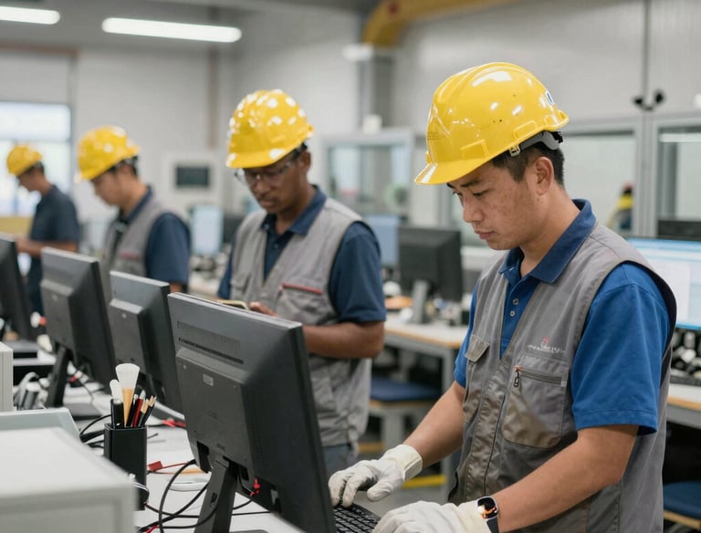 A team of professionals collaborating over technical plans in a modern office.