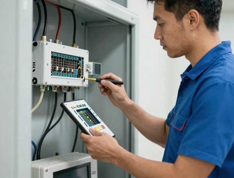 A warehouse shelf stacked with electric vehicle chargers and solar inverters ready for shipment.