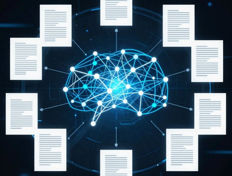 A sleek futuristic interface showing autonomous AI agents interacting with data streams.