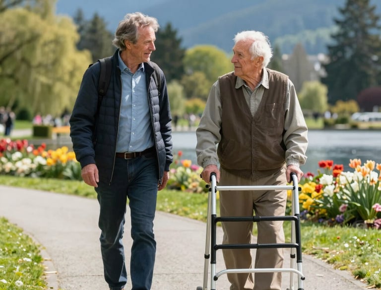 A registered social worker engaging in a friendly walk-and-talk session with a happy senior outdoors.