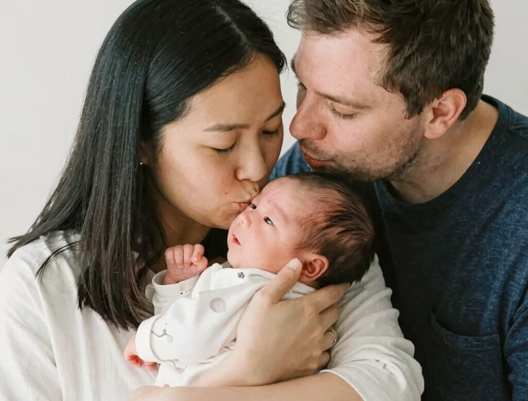 A gentle registered nurse warmly supporting a smiling mother and her newborn in a softly lit home setting.