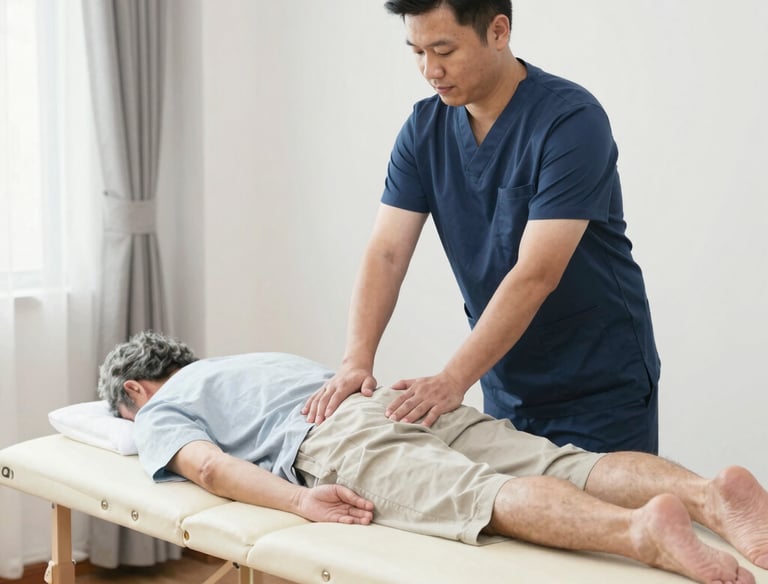 A caring registered massage therapist providing gentle treatment to an elderly client in a cozy living room.