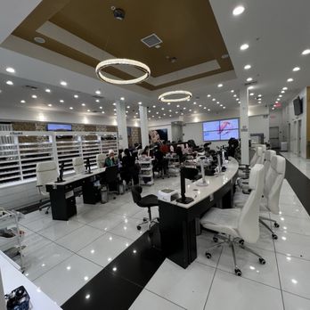 a high end nail salon with a large display of beauty products