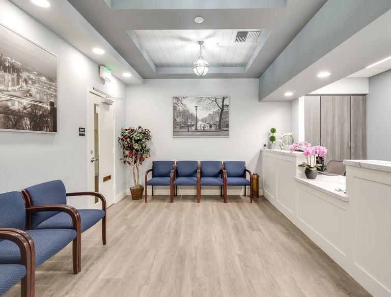 Medical office remodel: elegant patient waiting room with modern furnishings.