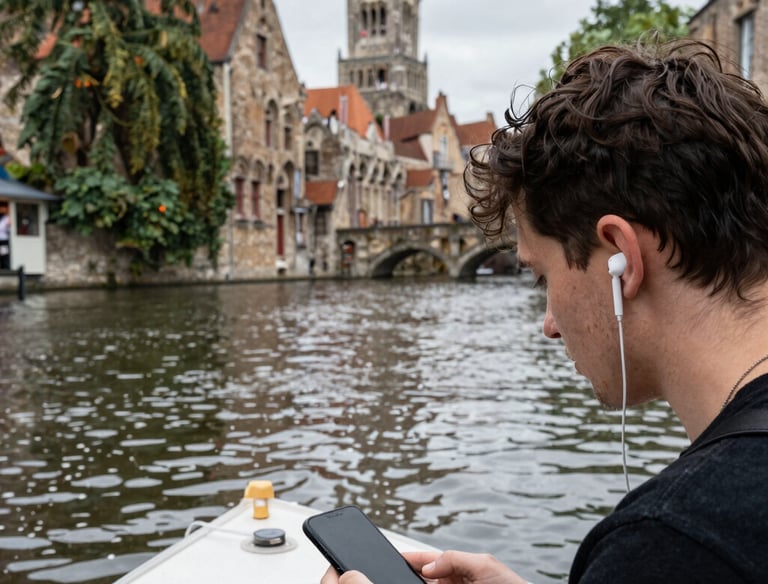 A scenic outdoor trail with a person wearing headphones, enjoying an audio tour.