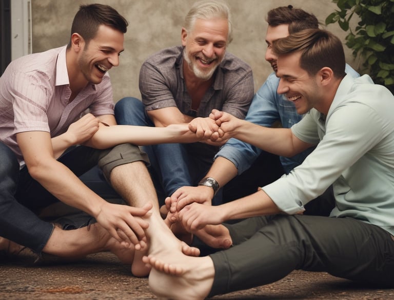 A group of smiling men laughing together in a cozy living room.