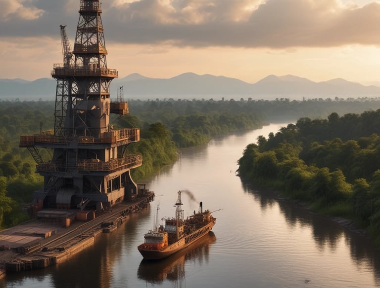 Heavy machinery installing large oil pipelines in a rugged landscape.