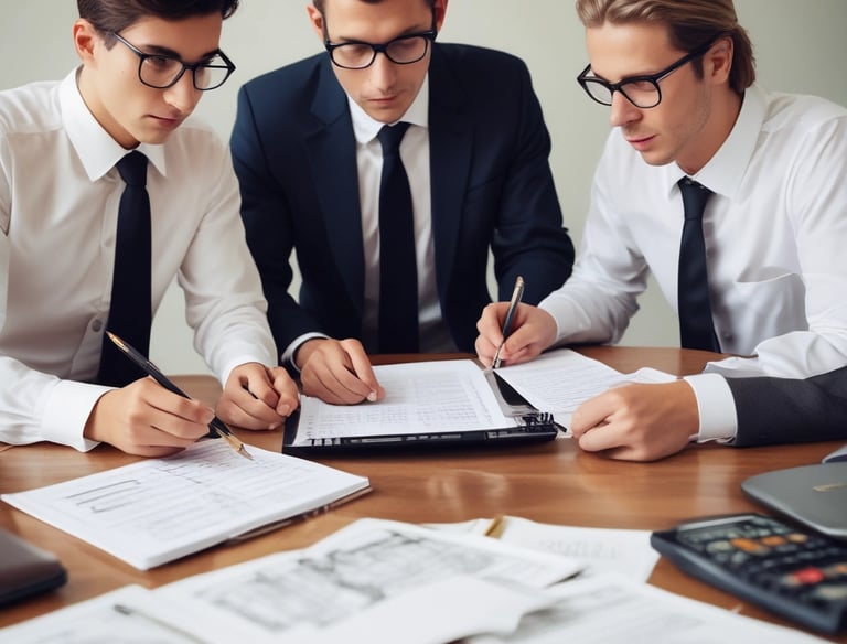 Close-up of hands calculating severance pay with financial papers on a desk.