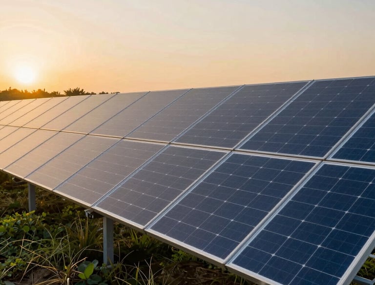 Aerial view of a solar farm in a sunny, open landscape.
