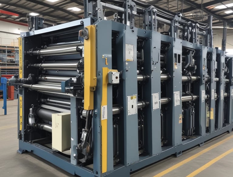 A printing machine applying vibrant designs onto corrugated sheets.