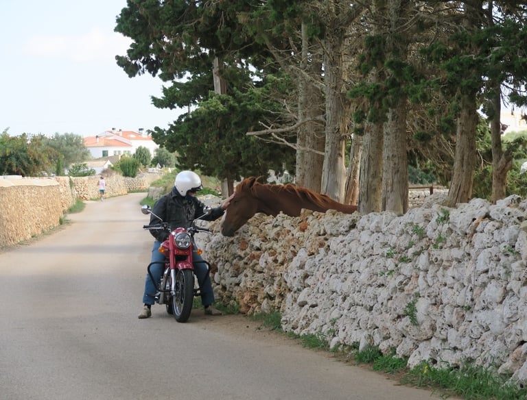 Motorcycle riding through Menorca´s walled back roads