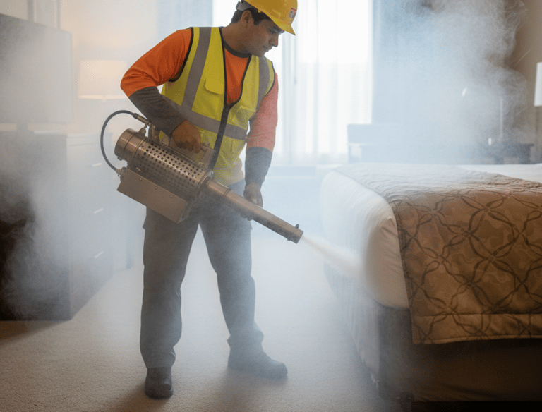Professional pest control technician using a thermal fogger machine for bed bug treatment in a hotel room.