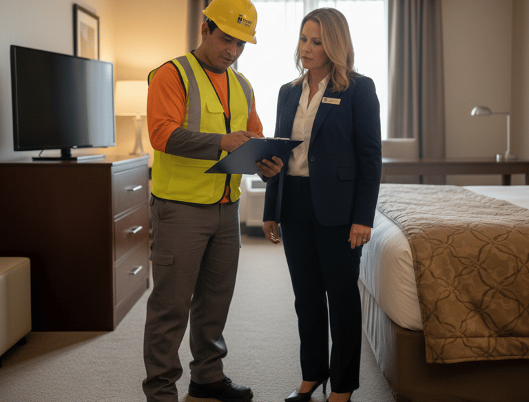 A hotel manager and construction worker reviewing a clipboard during a room renovation.