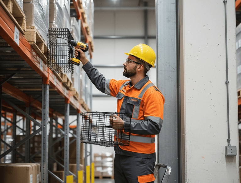 JanTech exterminator in a hard hat installing metal cages on pallet racking with a power drill.