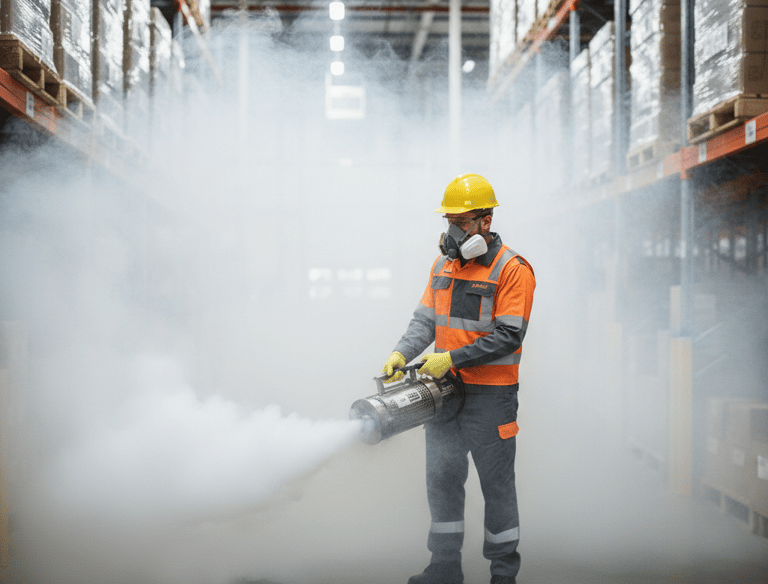 Technician in protective gear uses a thermal fogging machine for pest control in a large warehouse.