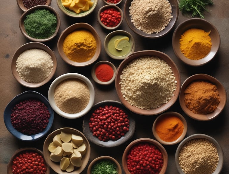 A warm interior shot showing wooden tables with spice jars and soft lighting.