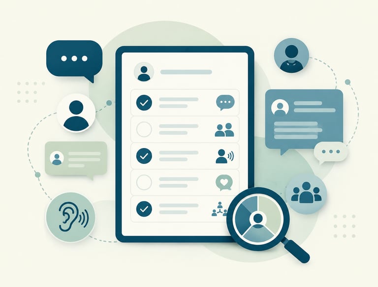 Flat illustration of digital communication tools, a magnifying glass, and a user checklist for accessibility.