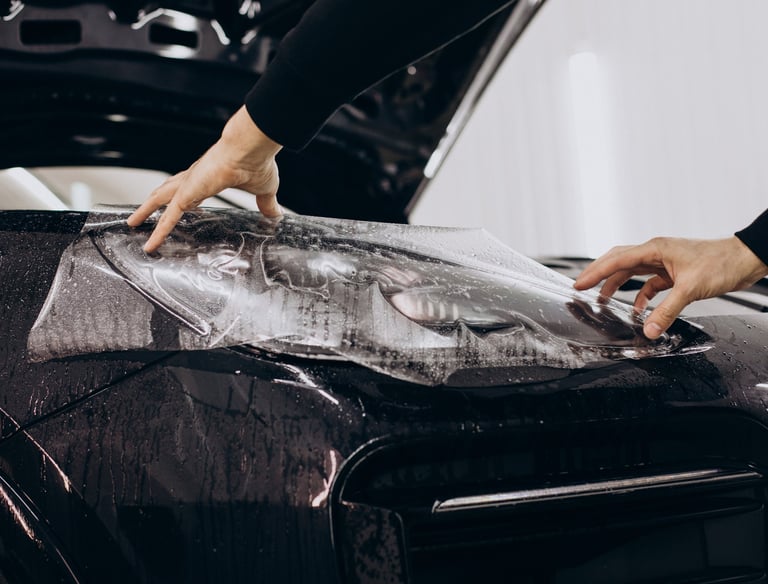 Technician installing vinyl wrap on vehicle hood