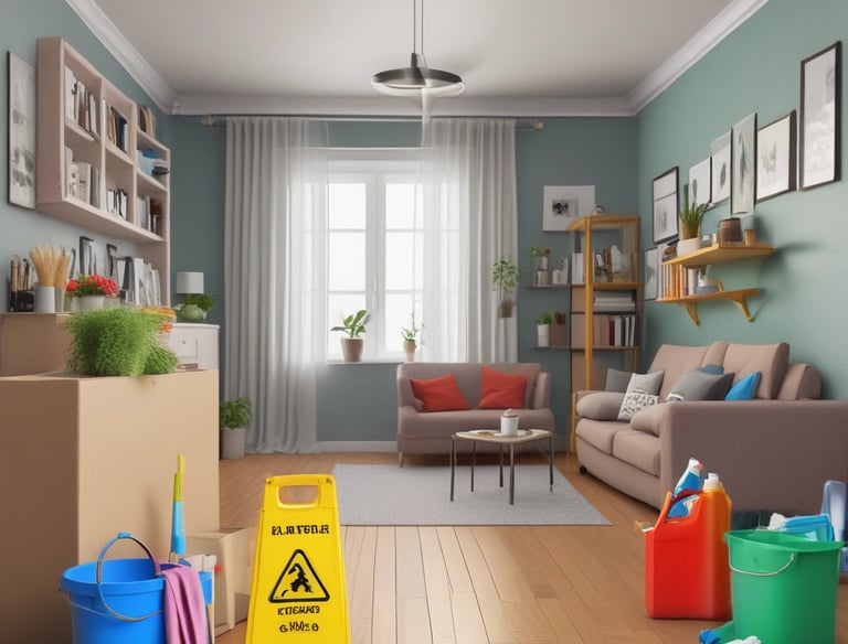 A professional cleaner vacuuming a cozy living room in a home.