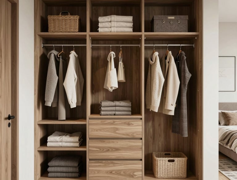 A spacious wardrobe with neatly organized shelves and soft-close doors.