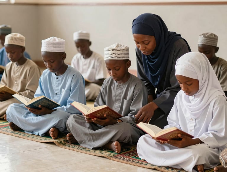 Teacher leading Qur’an recitation with attentive Muslim students in traditional attire.