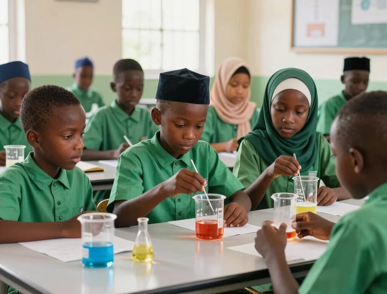Group of Nigerian Muslim children engaged in a hands-on science experiment in lab coats.