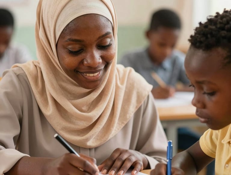 A focused Nigerian female teacher assisting a young Muslim student with reading in a bright classroom.