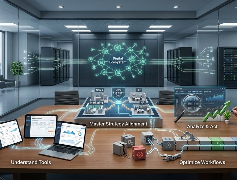 Digital ecosystem visualization showing master strategy alignment and workflow optimization in a data center.