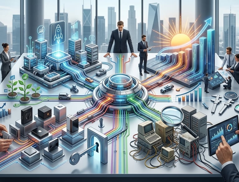 Digital business strategy concept with a team analyzing data visualization and technology innovations in a modern office.