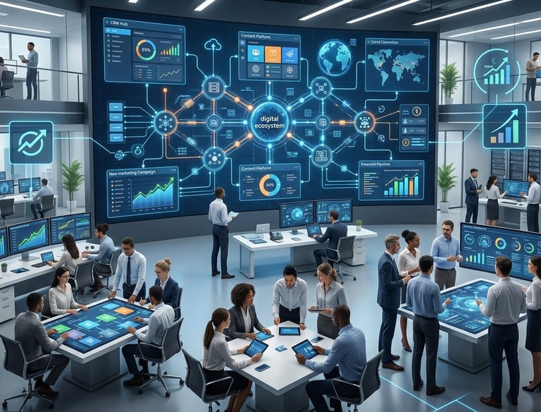 Business professionals in a high-tech data center managing a digital ecosystem with interactive data visualization screens.