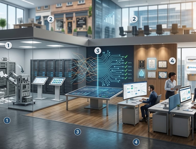 Digital transformation office featuring data server rooms, analytics displays, and a professional team.