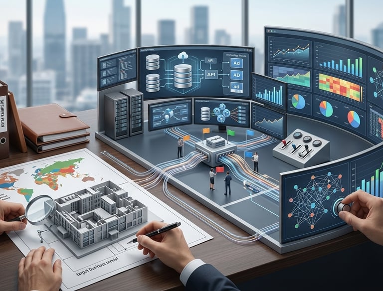 Digital twin technology dashboard showing business data analytics and architectural modeling on a desk.