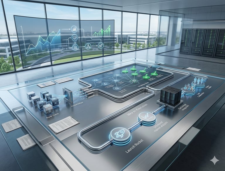 Digital dashboard showing data analytics and business strategy workflow in a modern server room office.