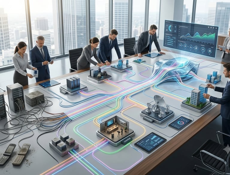 Business professionals analyze a futuristic smart city digital twin model on a high-tech boardroom table.