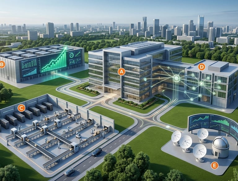 Smart industrial city hub with automated data centers, logistics warehouses, and high-tech satellite communications.
