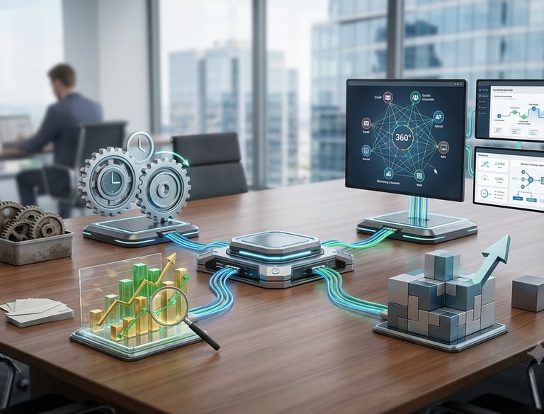Business data visualization showing 3D financial charts, gears, and analytics on a modern office desk.