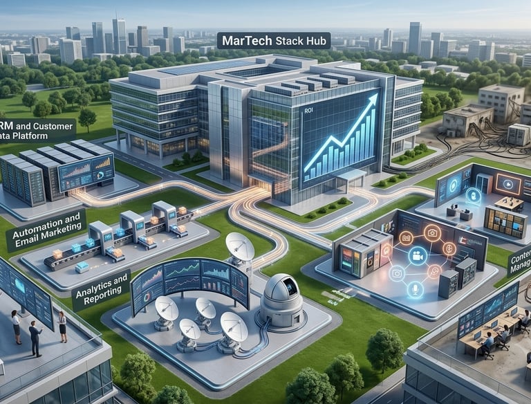 A MarTech Stack Hub visualization showing CRM, email automation, and social management systems connected to a central office.