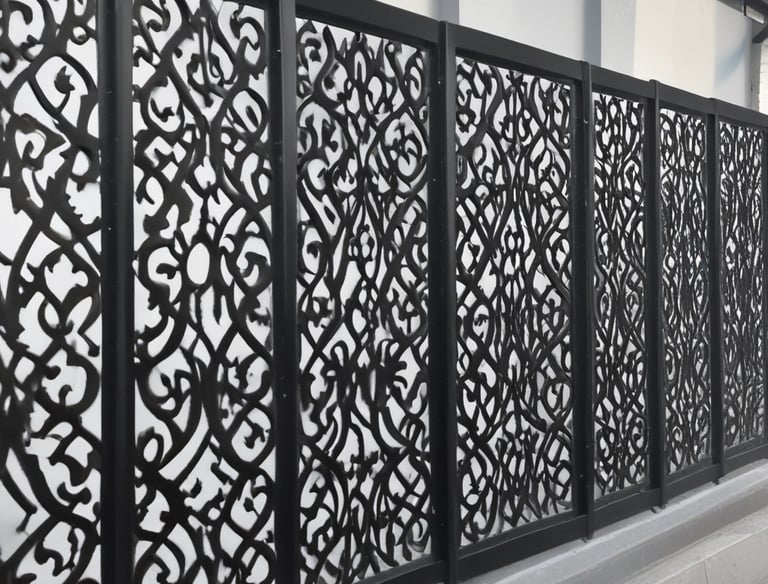 Decorative metal fences installed along a garden path, showcasing craftsmanship.