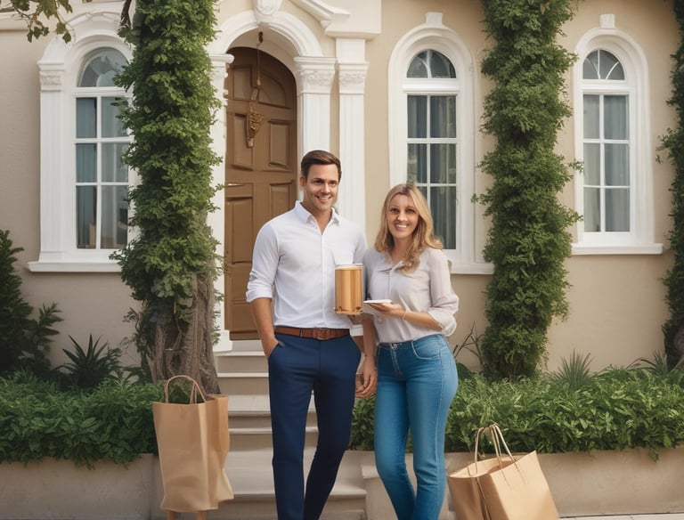 A smiling couple reviewing home loan options with a friendly loan officer.