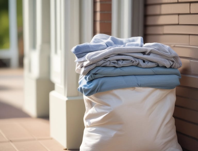 A friendly delivery person handing over a neatly folded laundry bag at a welcoming front door.
