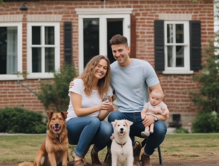 A happy young couple holding keys in front of their new home on a sunny day.