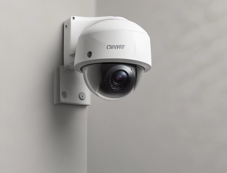 Security camera mounted on a building corner overlooking a rural property.