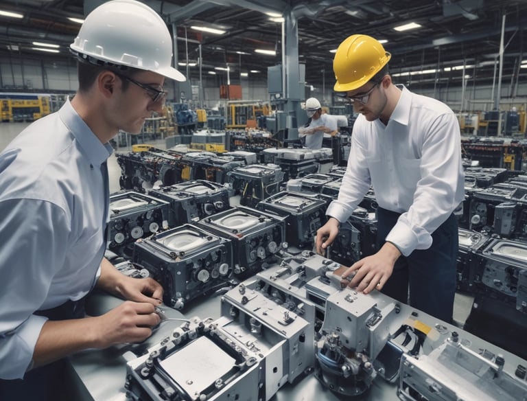 Array of industrial pneumatic cylinders and hoses arranged neatly on a dark surface.
