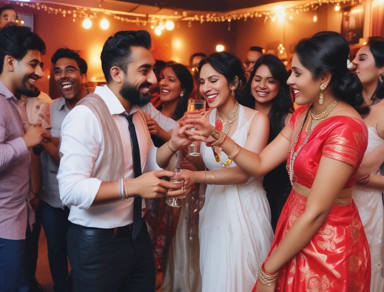 Cozy restaurant interior with warm lighting and rustic Punjabi decor.