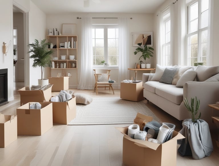 Bright modern living room filled with cardboard moving boxes for a home relocation.