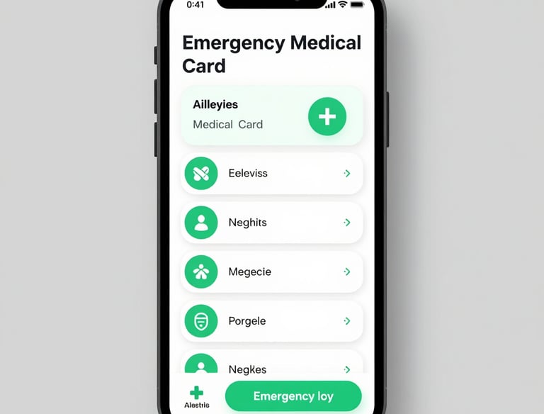 A clean, modern digital emergency medical card displaying allergies, medications, and emergency contacts.