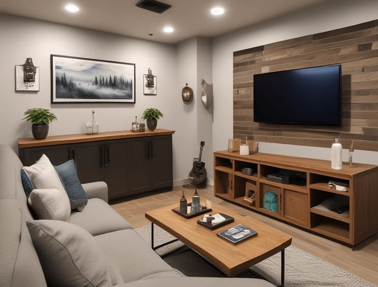 A cozy living room mid-renovation with fresh drywall and new lighting.