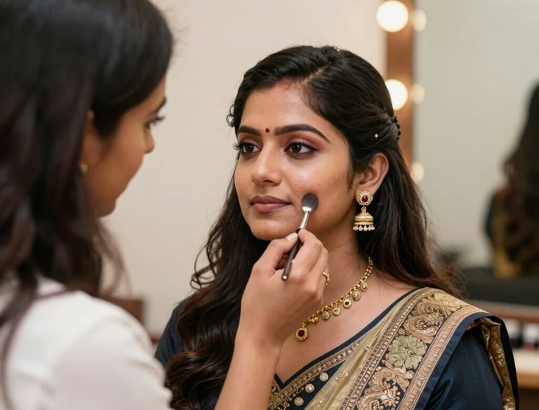 Soft-focus shot of a bride’s elegant makeup being perfectly blended with rich maroon and gold accents.