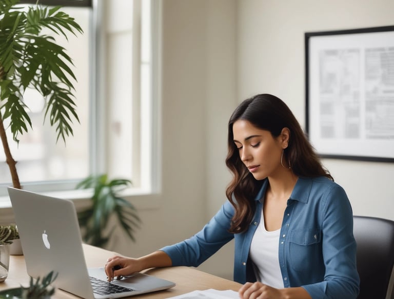 A women landlord reviewing property documents with a calm, confident expression.