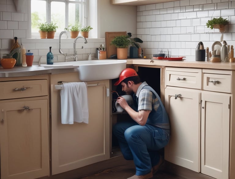 A maintenance worker fixing a leaky faucet in a bright kitchen.